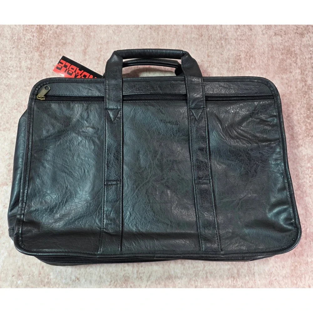 Expandable Twin Pocket Portfolio Leather Briefcase Bag NWT Black
